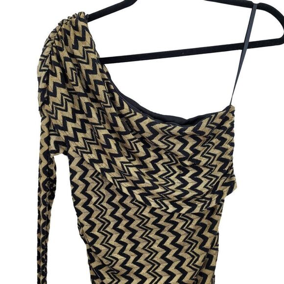 Arden B One Shoulder Mini Bodycon Dress S Black Gold Chevron Knit Overlay - Picture 4 of 9